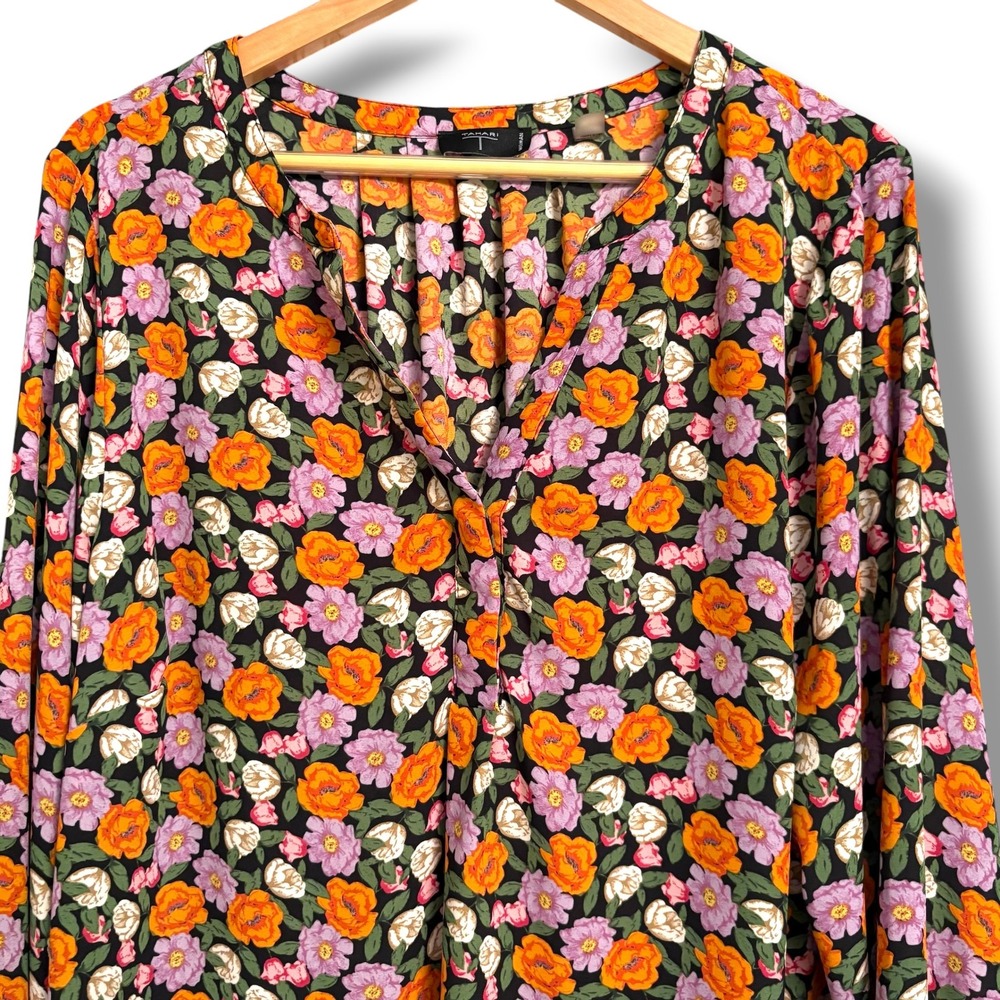 Tahari Woman Black Orange Purple Floral Split Neck Blouse 2X Long Sleeve